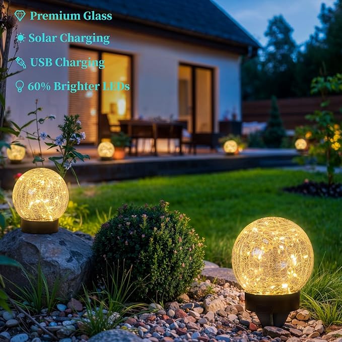 Beautyard Solar Globe Lights Outdoor USB Charged Garden Decor 3.94" Diameter 30LED 1000mAh Solar Globe Lights for Outdoor Indoor Mothers Day Gifts Holiday Decor(3.94'' Medium 4 Pack Warm White)