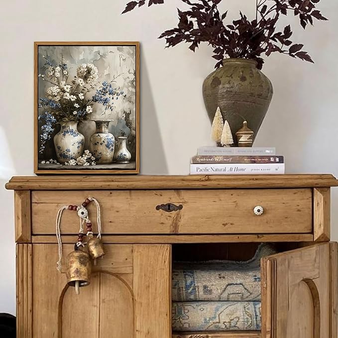 Floating Framed Farmhouse Floral Canvas Wall Art, Vintage Blue and White Flower Pictures Wall Decor, Elegant Art Jar Posters Print for Living Room Bedroom Bathroom Rustic Decor 8x10 inch