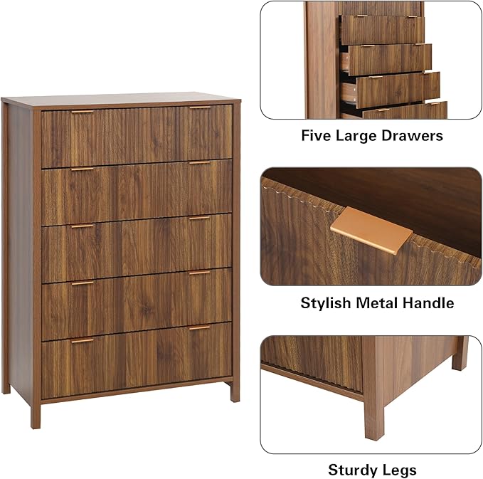 5 Drawer Dressers for Bedroom, Modern Closet Chest of Drawers with Waveform Fluted Panel, Large Wood Storage Dresser Organizer for Nursery Bedroom Living Room Hallway Closet, Walnut
