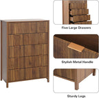 5 Drawer Dressers for Bedroom, Modern Closet Chest of Drawers with Waveform Fluted Panel, Large Wood Storage Dresser Organizer for Nursery Bedroom Living Room Hallway Closet, Walnut