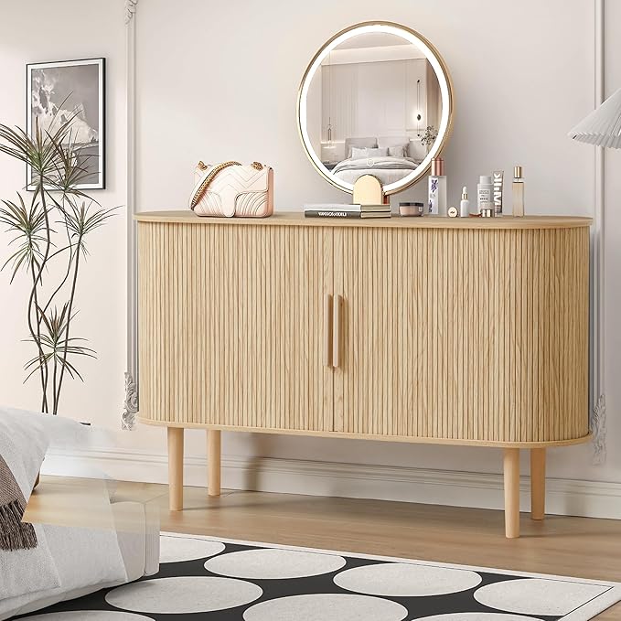 53''Sideboard Buffer Cabinet with Fluted Slide Doors, Modern Credenza Storage Cabinet, Tambour Bar Console Table for Living Dining Room Kitchen Hallway Entryway, Natural