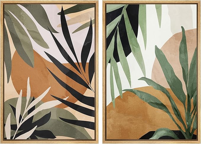 SIGNFORD Framed Canvas Print Wall Art Set Tropical Island Palm Leaf Geometric Collage Abstract Nature Illustrations Modern Art Decorative Minimalist Floral Botanical for Bedroom - 16"x24"x2 Natural