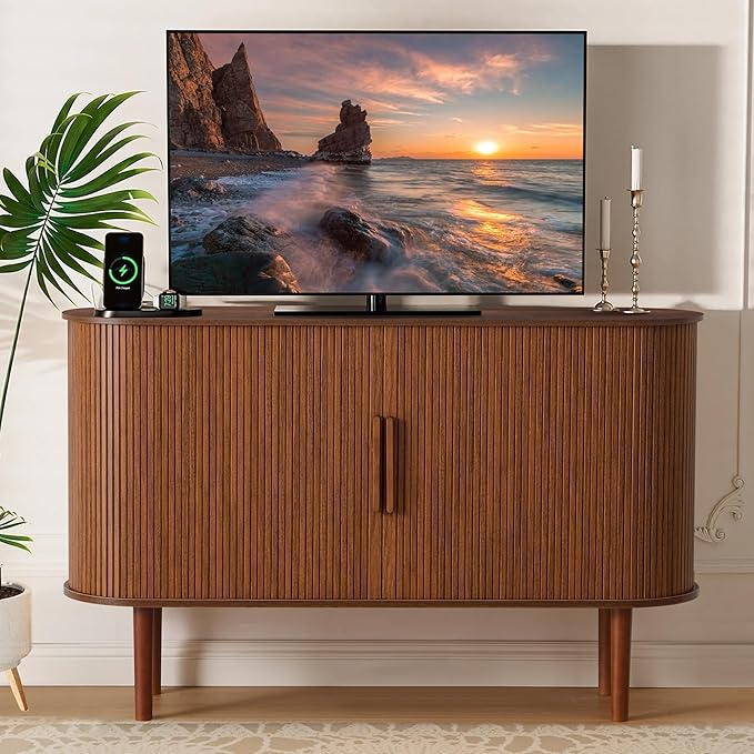 53''Sideboard Buffer Cabinet with Fluted Slide Doors, Modern Credenza Storage Cabinet, Tambour Bar Console Table for Living Dining Room Kitchen Hallway Entryway, Walnut