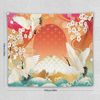 HZOHNAGO Japanese Tapestry Cherry Blossom Crane Sea Wave Fuji Mountain Red Sun Pattern Printed Wall Tapestry Painting Wall Hanging for Bedroom Living Room Dorm 60" W x 50" H