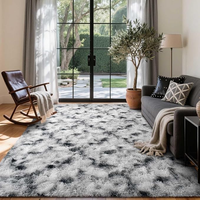 5x7 Ft Large Shag Rugs for Bedroom Living Room Decor for Men Boys, Tie Dyed Ultra Soft Fluffy Furry Area Rug for Indoor Floor, Aesthetic Carpet for Home Decor (Black White)