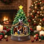 Christmas Tree Animated Ratating Manger Nativity Scene, Musical Angel Holy Family Figurines LED Light Play Silent Night Music, Xmas Decor Gift, Tabletop Decorative Holiday Home Decorations