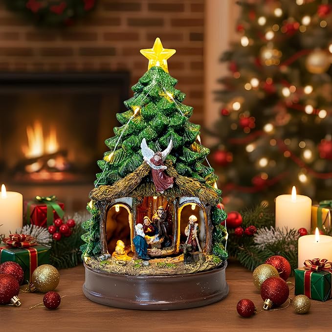 Christmas Tree Animated Ratating Manger Nativity Scene, Musical Angel Holy Family Figurines LED Light Play Silent Night Music, Xmas Decor Gift, Tabletop Decorative Holiday Home Decorations