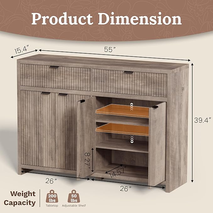 Fluted Sideboard Buffet Cabinet with Storage Drawers, 55" Large Accent Storage Cabinet with Doors and Adjustable Shelf, Modern Farmhouse Credenza for Entryway, Kitchen, Living Room - Gray