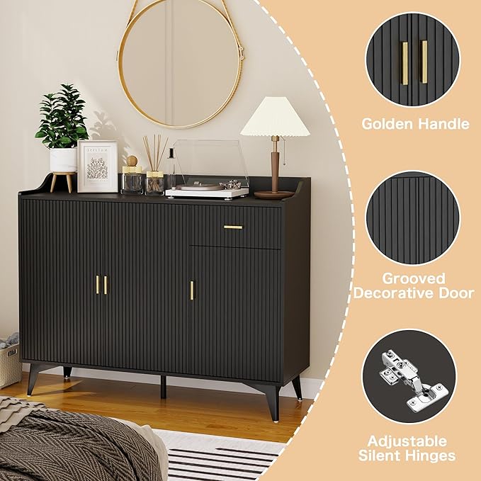 Sideboard Buffet Cabinet with Drawers: 47" Black Fluted Sideboard Cabinet with Drawers and 3 Doors, Modern Wood Credenza Storage Cabinet, Large Accent Cabinets for Living Room (47")