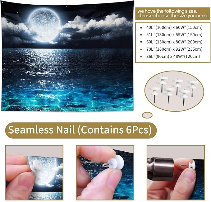 LB Night Sky Ocean Tapestry Full Moon on Sea Tapestry Wall Hanging Fantasy White Cloud Watercolor Wall Art for Bedroom Living Room Dorm Wall Decor, 59Wx51H inches