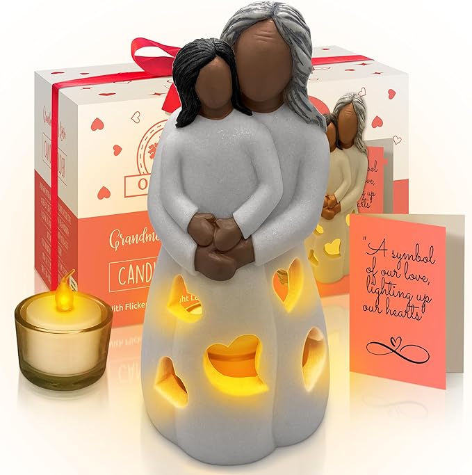 Grandma-Granddaughter Hand-Painted Candle Holder Statue W/Flickering LED Candle | Unique Nana Present Ideas for Christmas, Gigi Grandmother Birthday Gift, Greeting Card Included (Dark)