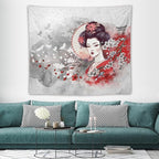Japanese Geisha Tapestry Asian Red Cherry Blossom Traditional Kimono Folk Tapestries Home Decor for Living Room Bedroom Apartment Farmhouse Dorm 60"x50"