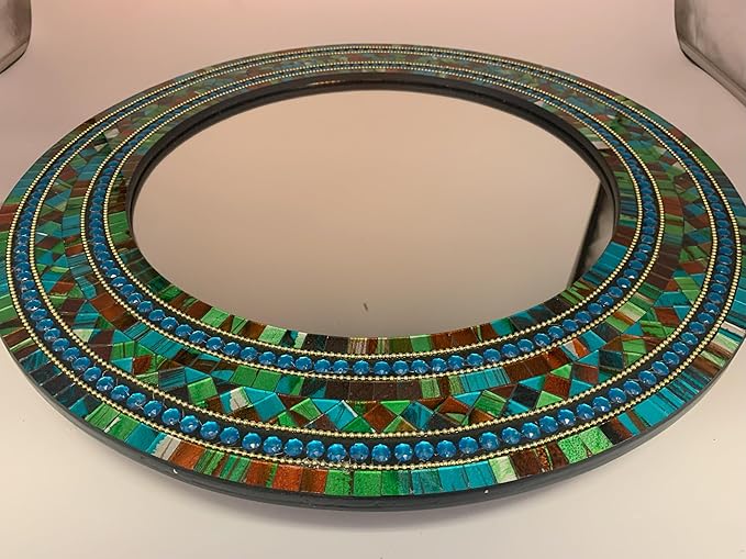 Mosaic Mirror, Wall Art Décor – Handcrafted Decorative Wall Mirror, Autumn Green, Deep Blue, and Brown Round Mosaic
