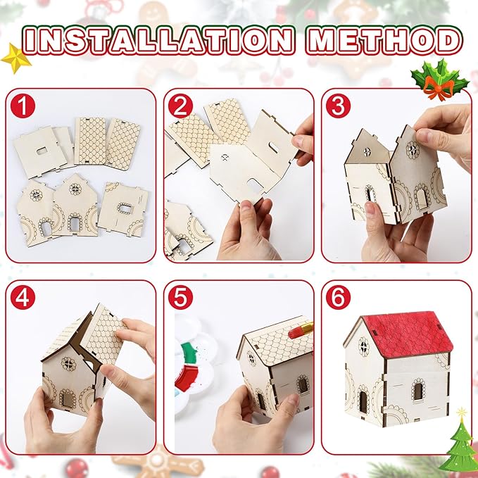 Hiboom 12 Pcs DIY Christmas Village Sets Wood Gingerbread Houses Christmas Mini Wooden House Gift for Winter Xmas Party Crafts Decorations
