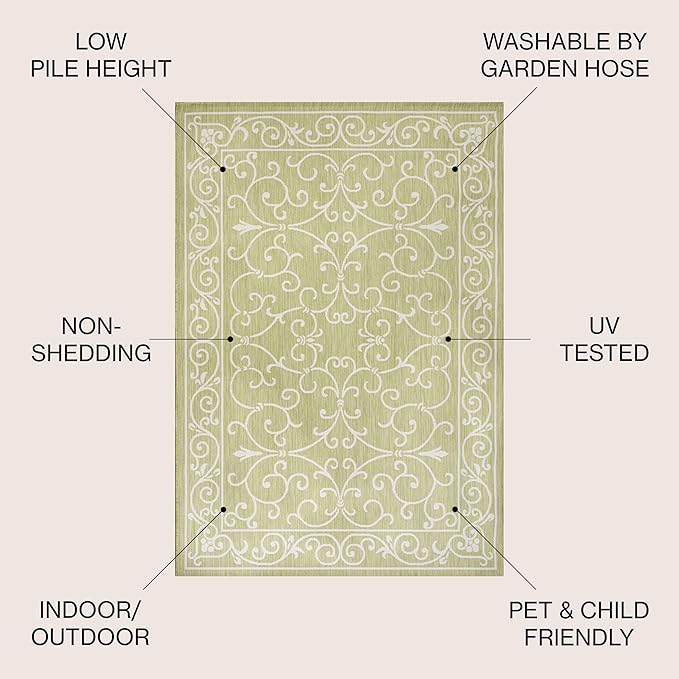 JONATHAN Y Vintage Filigree Indoor Outdoor Area Rug 9X12 Green/Cream, Charleston Textured Weave for Backyard, Patio, Porch, Easy-Cleaning, High Traffic, Pet-Friendly, Non-Shedding (SMB106H-9)