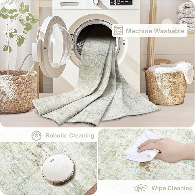 Area Rugs 5x7 Living Room: Washable Rug Modern Abstract Rugs Soft Non Slip Neutral Rug Stain Resistant Indoor Carpet for Bedroom Kitchen Dining Room Nursery Home Office Rugs(Green Brown,5'x7')