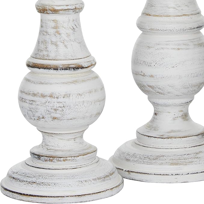 Deco 79 Mango Wood Decorative Candle Holder Turned Style Pillar Candle Stand, Set of 3 Candlestick Holder 10", 8", 6”H, White