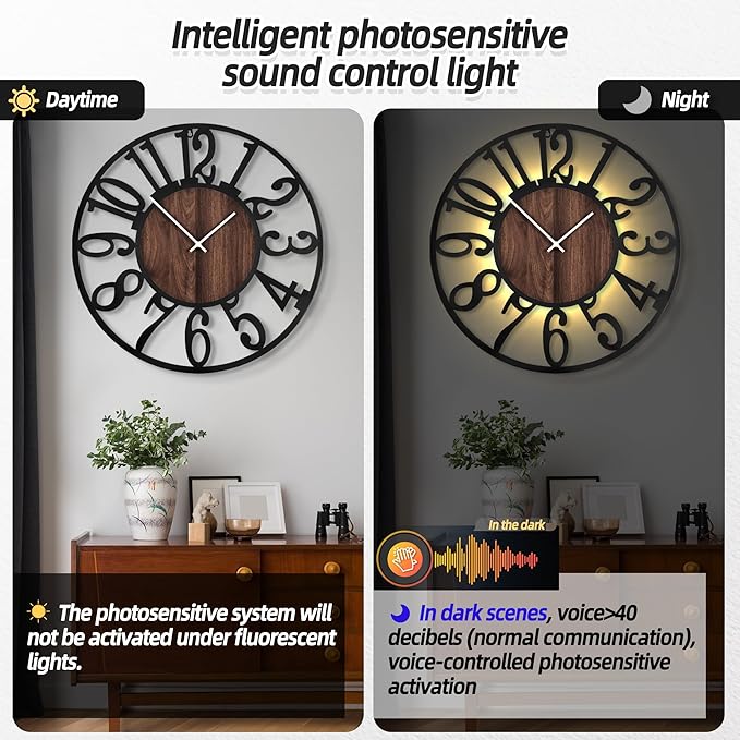 LEIKE Large Wall Clocks with Night Light Battery Operated,Silent Non Ticking,Rustic Modern Big Wood Clock for Living Room, Bedroom,Kitchen,Farmhouse,Office,Home Decor-32 Inch(Black-Arabic Number)
