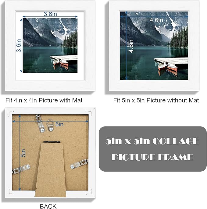 5x5 Picture Frame with Real Glass - Display Pictures 4x4 with Mat or 5 x 5 without Mat, Photo Frame for Wall or Table Top Display(White, 3 Pack)