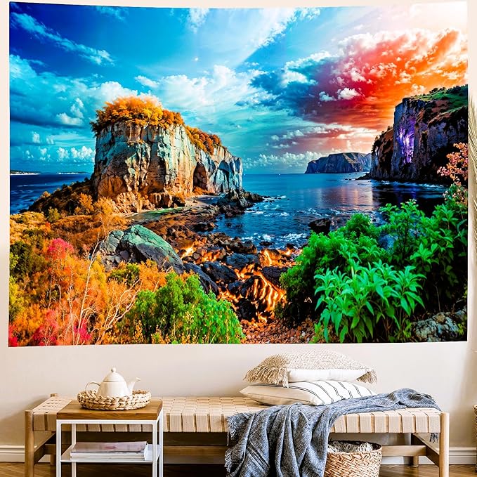 Delur Coastal Ocean Beach Tapestry Tropical Forest Tree Sunrise Sea Landscape Tapestry Wall Hanging Wave Sunset Nature Colorful Spiritual Headboard for Bedroom Living Room Home Decor (51.2" x 59.1")
