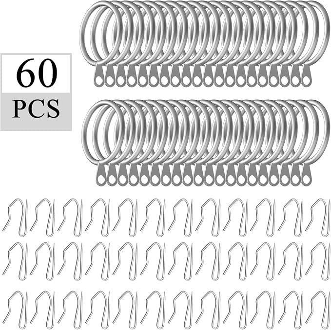 Hotop 30 Pcs Metal Drapery Curtain Rings 0.98/1.26/1.65 inch Interior Diameter and 30 Pcs Hanging Curtain Drapery Pin Hooks for Window Door Shower(25 mm,Matte Silver)