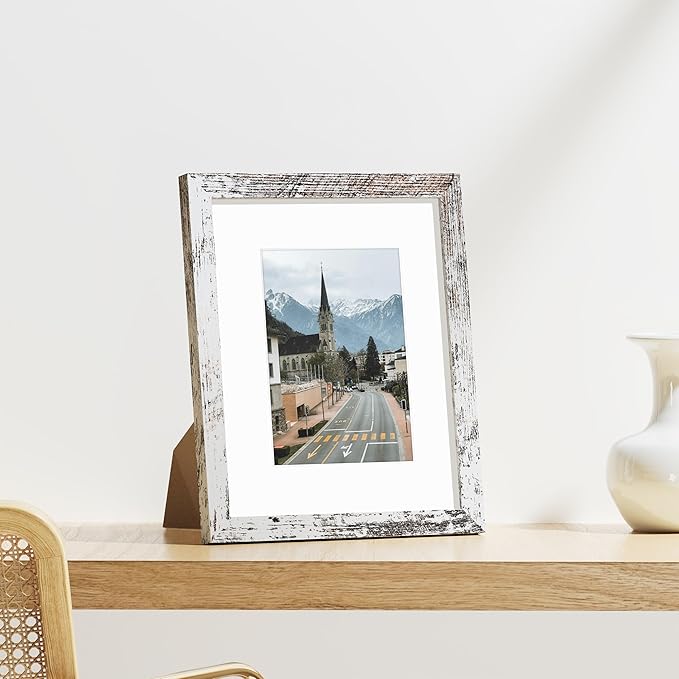 Vittanly 8x10 Picture Frames Set of 9, Shatter Resistant Plexiglass, Display 5x7 Pictures with Mat or 8x10 without Mat, Photo Frames for Wall or Tabletop, Engineered Wood, Distressed White