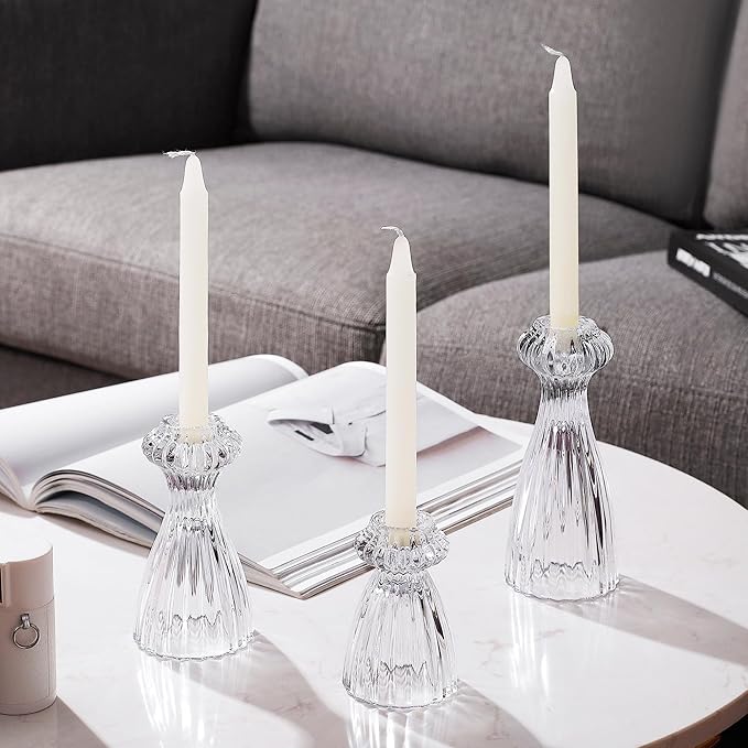 Lysenn Glass Candle Stick Holder Set of 6 – Premium Taper Candle Holders for Romantic Ambiance - Candle Sticks Holder Decor for Special Occasions - Clear