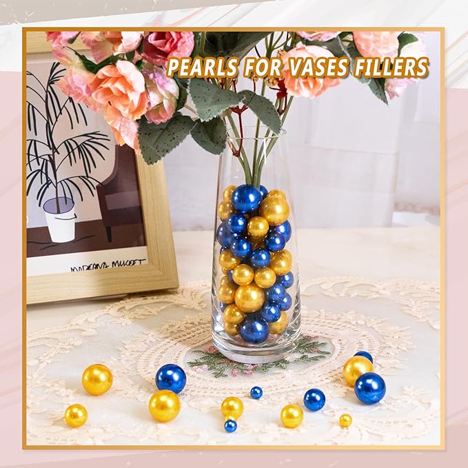 300Pcs Vase Filler Blue and Golden Yellow No Hole Faux Pearl Beads for Vase Filling Decorations, Candle Centerpieces, Wedding Centerpieces, Home Party Decor (8/14/20mm)