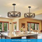 XINGQI 21.7'' Modern Chandelier, Farmhouse Drum Chandeliers for Dining Room Living Room Bedroom 5-Light Pendant Lighting Round Black Metal Antique Wood Grain Finish Adjustable