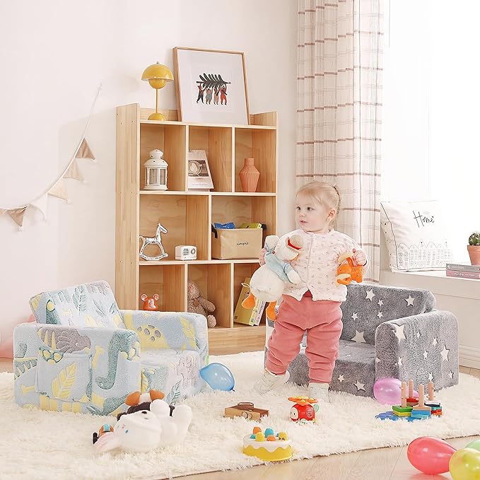 Toddler Chair Plush Kids Couch, 2-in-1 Comfy Armchair Removable and Washable Cover Carrying Handle, Convertible Reading Chair Toddler Couch for Girls and Boys, Glow in The Dark Grey Star