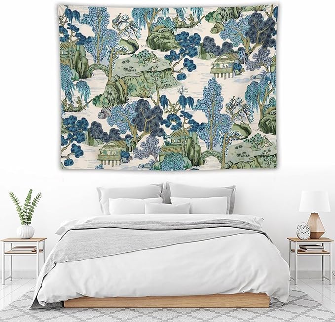 Chinoiserie Tapestry,Asian Watercolor Abstract Art Tapestry,Asian Japanese Wall Tapestry, Nature Landscape Tapestries for Bedroom Living Room Decor 80"x60"