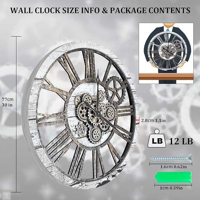 HOIBAI Large Wall Clock Clocks for Living Room Decor Oversized 30 Inch Wall Decor Farmhouse Vintage Rustic Industrial Roman Big Chic Home Decor Wall Clock for House Bedroom, Moving Gears Clock