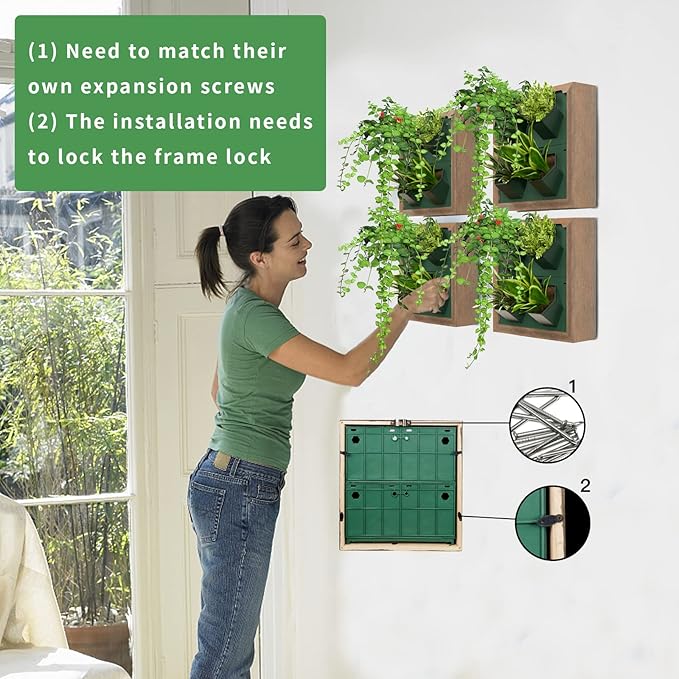 Vertical Wall Planter, 4 Pots Self Watering Living Planters Indoor, Wooden Frame Planter Wall Decoration Home Office (No Screw)