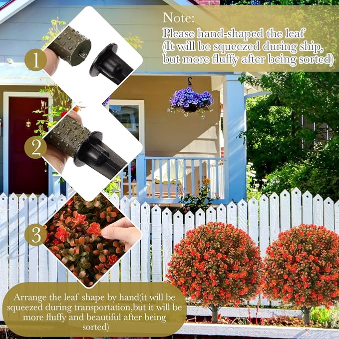 Yunlly Set of 2 Artificial Boxwood Topiary Ball Tree 27" Outdoor Boxwood Balls with Flower Faux Bush UV Resistance Fake Shrub Plant with Spike for Garden Porch Patio Decor(Fall Orange,27x18inch)