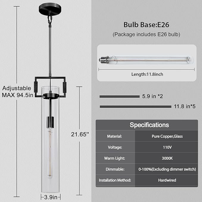 Black Pendant Lights,Modern Glass Pendant Lights Kitchen Island 2 Pack,21.6'' Farmhouse Kitchen Pendant Lighting Over Island for Dining Table,Bathroom,Bedroom