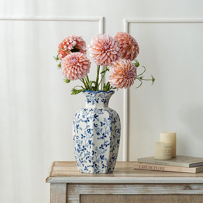 Blue and White Ceramic Vase, 9.5 Inch Vintage Chinoiserie Flower Vase Decorative Antique Vases for Home Decor, Rustic Porcelain Vase Farmhouse Shelf Table Centerpieces Decor