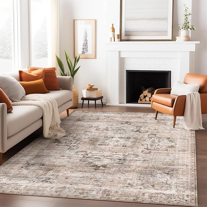 GENIMO 8x10 Area Rugs for Living Room, Machine Washable Non Slip Vintage Rugs, Low Pile Lightweight Chenille Print Rug for Bedroom, Dining Room, Home Office, Brownish Drab