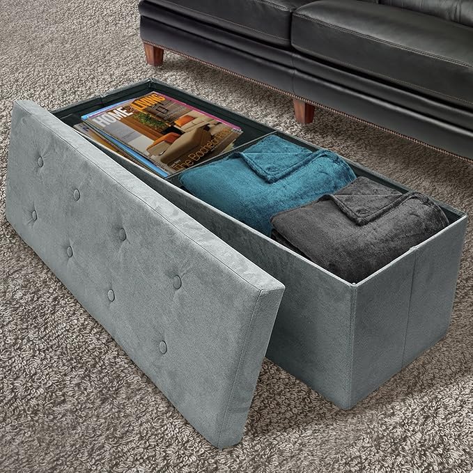 Sorbus Storage Ottoman Bench – Collapsible/Folding Bench Chest with Cover – Perfect Toy and Shoe Chest, Hope Chest, Pouffe Ottoman, Seat, Foot Rest, – Contemporary Faux Suede (Gray)