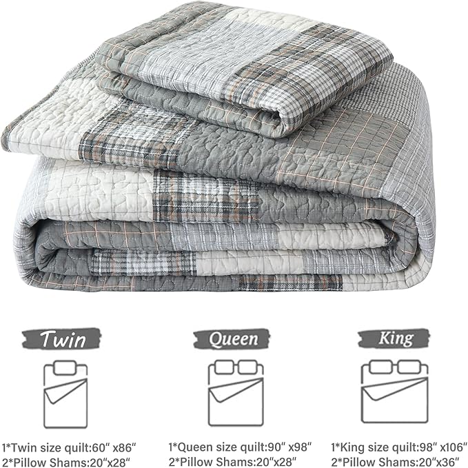 Y-PLWOMEN Quilt King Size - 100% Cotton Grey King Quilt Farmhouse Plaid Quilted Bedspread, 3 Pieces Lightweight Reversible King Size Quilt Bedding Set for All Season