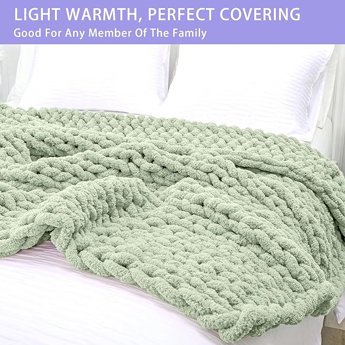 Bigacogo Chunky Knit Throw Blanket for Couch, 51x63 inches, 100% Hand Knitted with Thick Jumbo Chenille Yarn, Cozy Soft Large Rope Knot Cable Crochet Blankets for Sofa Bed Living Room, Sage Green