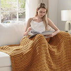 Esterra Chunky Knit Throw Blanket Newly Upgraded Heavy Tighter Version, Handmade Chenille Throw Super Soft, Thick Yarn Cable Knit Crochet Throw Blanket for Couch Bed Sofa (50"x60" Mustard Yellow)