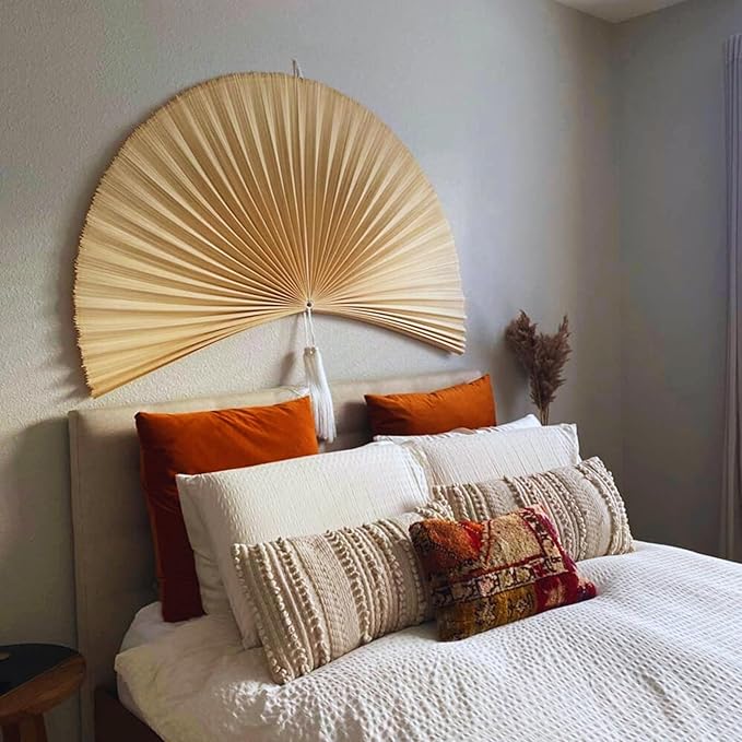 Fan Wall Decor, Japanese Giant Fan, Large Bamboo Fan Wall Art For Boho Hanging Headboard, Decorative Folding Fans For Over Bed, Asia Trending (Ivory 40inch)