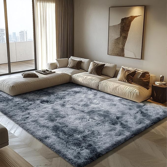 9x12 Fluffy Area Rugs for Living Room,Large Fuzzy Shag Area Rug for Bedroom,Soft Non-Shedding Indoor Plush Carpet for Kids Bedroom Nursery Home Decor,Tie-Dyed Black