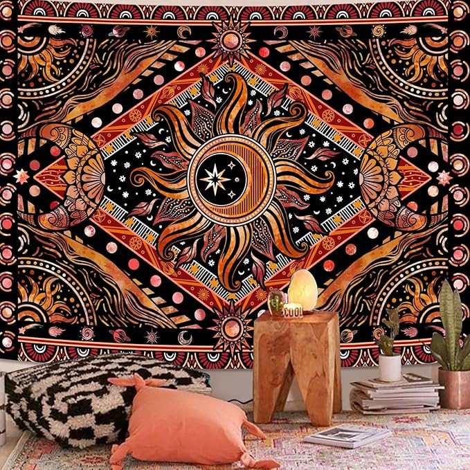 Lunerfex Hippie Sun and Moon Tapestry Bohemian Celestial Tapestry Aesthetic Tapestries for Bedroom and Living Room Decor Sun and Moon 60×80 Inches