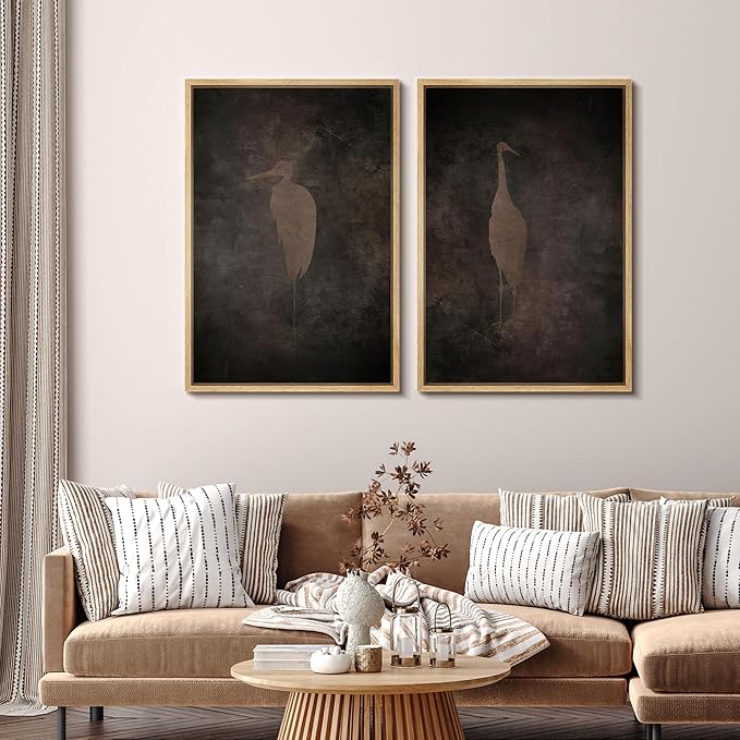 SIGNFORD Framed Canvas Print Wall Art Set Abstract Crane Silhouettes Vintage Dark Tones Illustration Modern Art Decorative Nordic Nature for Living Room, Bedroom, Office - 24"x36"x2 Natural