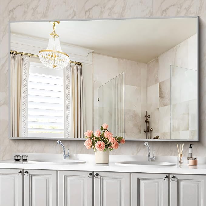36x60inch Brushed Nickel Bathroom Mirror, Silver Rectangle Mirror with Frame, Large Rectangular Wall Mirrors for Bathroom, Living Roomm, Hair Salon, Big Mirror Hang Horizontal/Vertical
