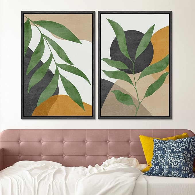 SIGNFORD Framed Canvas Print Wall Art Set Geometric Mid-Century Plant Collage Abstract Shapes Illustration Modern Art Decorative Nordic Nature for Living Room, Bedroom, Office - 24"x36"x2 Black
