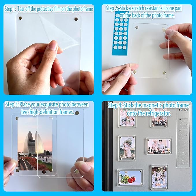 FQEIUO 4 Pack Magnetic Picture Frames for Refrigerator, 4X6 Inch Acrylic Photo Frames, Double Sided Clear Magnet Frame, Suitable for Refrigerator Display, Storage Cabinets, and Message Boards