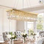 Siljoy Rectangular Gold Crystal Chandelier 8 Lights Modern Rectangle Raindrop Pendant Ceiling Light Fixture for Living Dining Room Kitchen Island Bar L40'' x W10'' x H10''