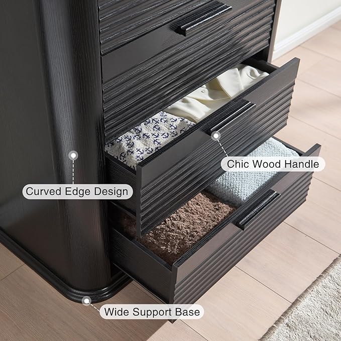 Okvnbjk 5 Drawers Dresser for Bedroom, 45" Tall Dresser with Curved Profile Design, Wood Fluted Chest of Drawer, Modern Drawer Storage Organizer for Bedroom, Living Room, Entryway, Black